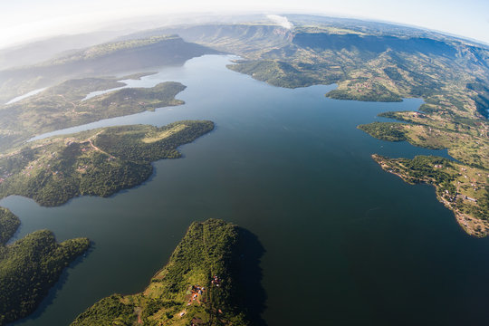 Aerial flying Inanda dam waters valley hills rural tribal landscape outside Durban