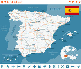 Spain - map, flag, navigation labels, roads -highly detailed vector illustration
