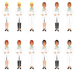 Female doctor in white coat and skirt or trousers