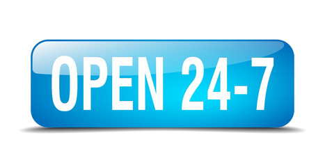 open 24 7 blue square 3d realistic isolated web button