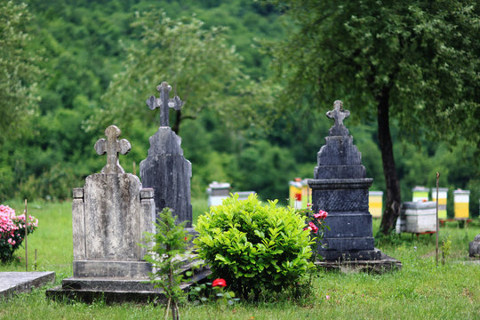 Orthodox cemetery crosses and tombstones