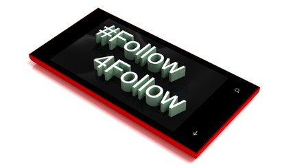 3D smartphone with hashtag follow for follow