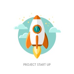 Flat concept background with rocket. Project start up new business. Vector illustration.