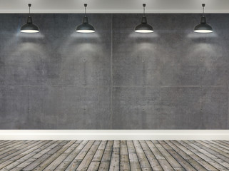 3d concrete  room with ceiling lamps
