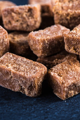 Traditional homemade fudge toffee, cut in squares cubes