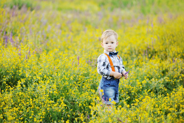 baby boy in orange suspenders and bow tie on a background field