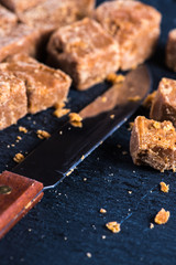 Traditional homemade fudge toffee, cut in squares cubes