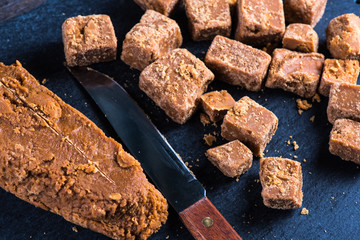 Traditional homemade fudge toffee, cut in squares cubes