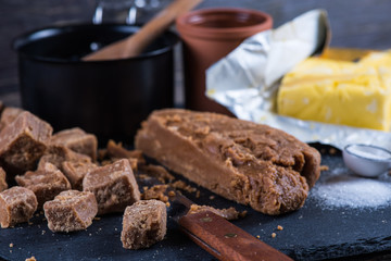 Making traditional homemade fudge toffee from ingredients