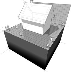 diagram of a detached house with business chart grid in the background