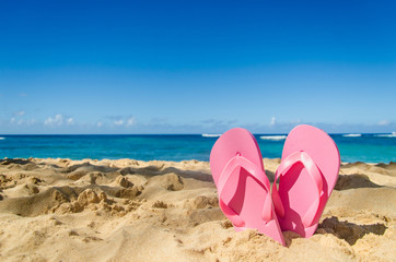 Fototapeta na wymiar Pink flip flops on the sandy beach