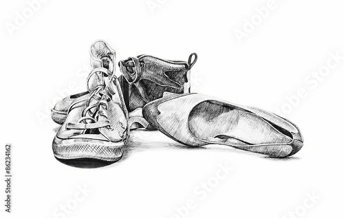 Hand Drawn Sketch Of Old Worn Shoes Vintage Tennis Canvas Style Fashion Ladies Hand Drawn Sketch Of Old Worn Shoes Vintage Tennis Canvas Style Fashion Ladies