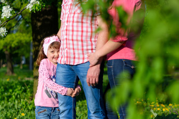 Fototapeta premium a girl collects the field flowers in a bouquet sits near parents