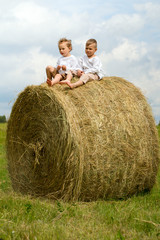 Naklejka na ściany i meble two happy boys on hay bales