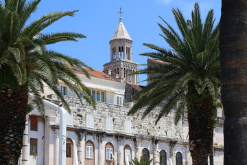 Eclectic mix of various historic architectural styles on Riva Promenade in Split, Croatia. Saint Domnius bell tower is in the middle.