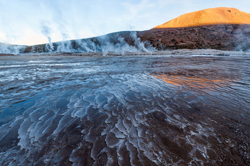 Valley Geysers at El Tatio, northern Chile at Sunrise, Atacama 