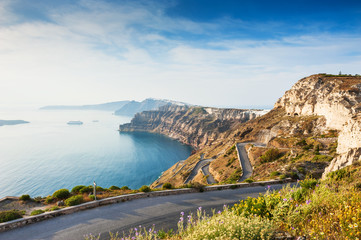 Mountain road to the port on Santorini island, Greece