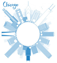 Outline Chicago city skyline with blue skyscrapers and copy spac