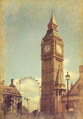 Big Ben, London, UK. View from Abingdon street.  Photo in  grunge and retro style.  Added paper texture
