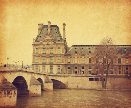 Seine. Bridge Pont Royal in central Paris, France. Photo in retro style. Added paper texture. Toned image