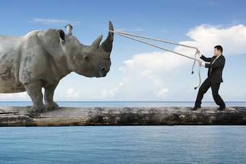 Obraz premium Businessman pulling rope against rhinoceros balancing on tree tr