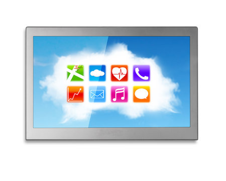 Wide TV screen with white clouds colorful app icons