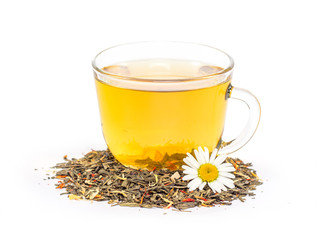 isolated transparent cup of tea with camomile flower. 