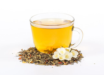 isolated transparent cup of tea with jasmine flowers. 