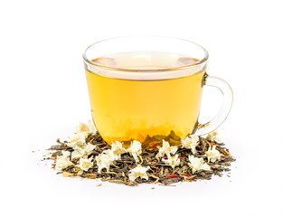 isolated transparent cup of tea with jasmine flowers. 