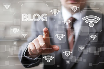 Social network Wifi businessman presses button blog icon