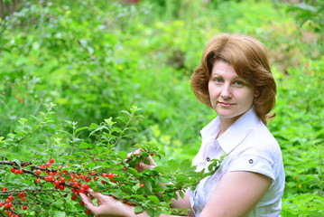 Woman harvests cherries in a  garden