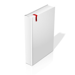 Realistic standing white blank hardcover book with red bookmark