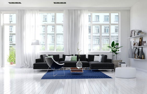 Contemporary monochrome white living room interior