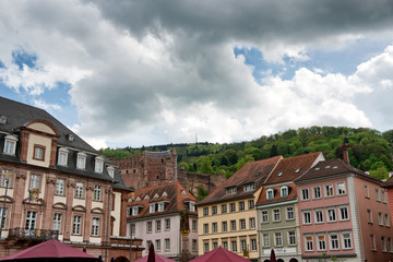 Fototapeta na wymiar Heidelberg Castle Overlooking Colorful Buildings