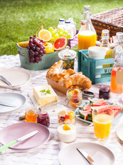 Healthy summer picnic with fruit and croissants