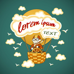 Cartoon kids riding a hot air balloon. Vector clip art illustration