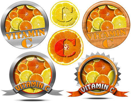 Vitamin C - Collections of Icons / Collection of icons or symbols with many slices of orange and lemon and text Vitamin C. Isolated on white background