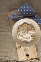 Carbonara Pasta, white sauce carbonara pasta with ham and mushroom