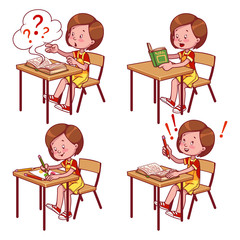 Cute schoolgirl behind a school desk.