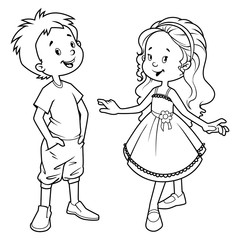 Very cute kids. Boy and girl. Outline