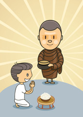 monk with bowl food with praying boy