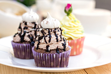 Chocolate Cupcake with chocolate frosting on the table