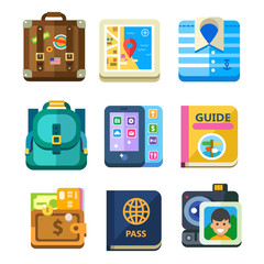 Set to vacation travel, tourist items icon set