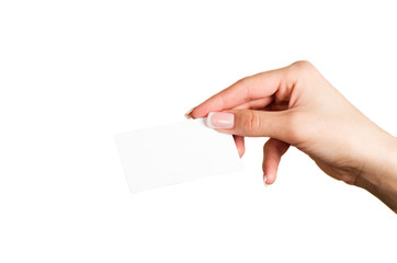 Female hand holding a blank business card