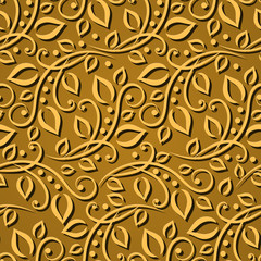 Seamless pattern gold leaves. Elegant  texture for wallpapers, backgrounds and page fill. 3D elements with shadows and highlights. Paper cut. Vector illustration