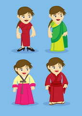 Traditional Asian Costumes for Women Vector Illustration