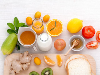 Breakfast with orange juice, oranges, oranges slice, passion fru