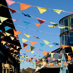 Colourful party flags in Camden Town Market, London