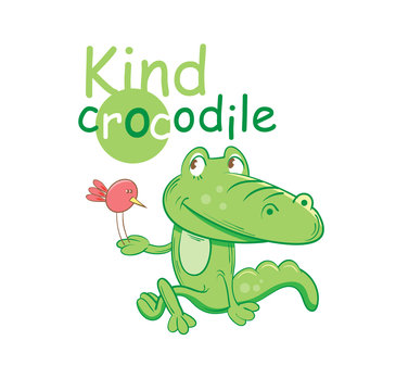 Card with a cartoon kind crocodile at whom on a paw the little birdie sits.