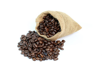 coffee beans with sack on white background